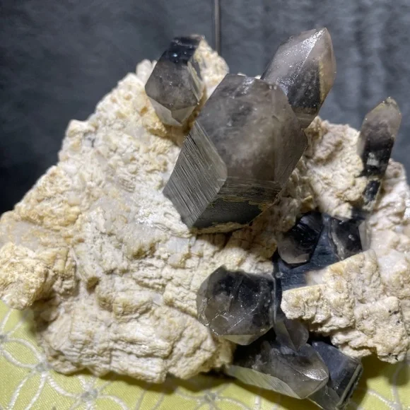 BLACK SMOKY QUARTZ- yellow calcite raw crystal cluster perfect 2”points 5”x5” - Picture 4 of 11